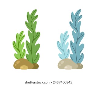 Ilustración de vector de algas marinas. Algas marinas comestibles. Algas verdes y coloridas en el fondo del mar entre las piedras. Arrecife acuático de aguas profundas. Dibujado a mano garabato de dibujos animados. Simple plano aislado clipart