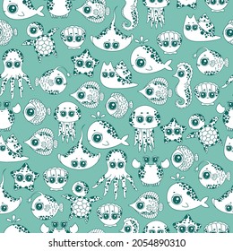Ocean animal background. Colorful sea animals print. Marine pattern. Cute whale, fish, crab, seashell, whale, stingray, jellyfish,crab, seahorse. Ocean life texture.
Sea world pattern. Fabric texture.
