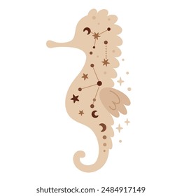 Ocean animal. Boho sea​​horse clipart in cartoon flat style. Celestial Sea animal clipart. Hand drawn vector illustration
