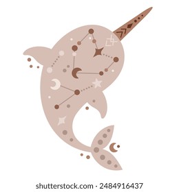 Ocean animal. Boho narwhal clipart in cartoon flat style. Celestial Sea animal clipart. Hand drawn vector illustration