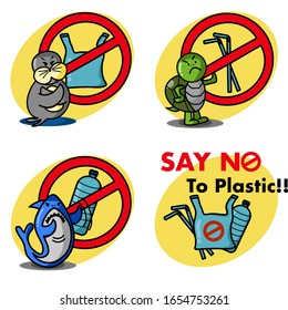ocean animal cartoon ban plastic using in vector and illustration design concept.save ocean life concept ;angry seal ,turtle,shark cartoon with red prohibition sign ban bag straw and bottle plastic.  