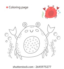 Kids’ Ocean Animal Coloring Page featuring a Happy Crab with Plants and Bubbles. Perfect for Summer, Marine, or Educational Themes.