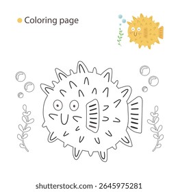 Crianças’ Ocean Animal Coloring Page com um pufferfish sorridente, bolhas e algas. Perfeito para projetos de verão, marinhos ou educacionais.