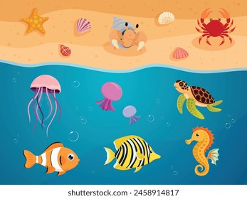 océano animal peces y arena playa colección dibujos animados ilustración diseño