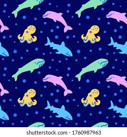 Ocean animal icons pattern. Fish and octopus seamless background. Sea life seamless pattern vector illustration