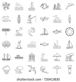 Ocean animal icons set. Outline style of 36 ocean animal vector icons for web isolated on white background