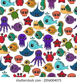 Ocean animal life background. Colorful sea animals print. Marine pattern. Sea story,  turtle, seashell,whale, fish, corals, stingray, jellyfish, cockleshell, snail, crab, seahorse.Ocean life wallpaper