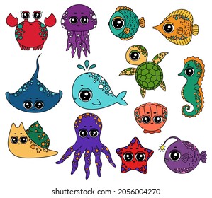 Ocean animal life set. Colorful sea animals collection. Marine theme. Sea story, wind and waves, seashell,whale, fish, corals, stingray, jellyfish, snail, crab, turtle, seahorse. Ocean life clip art.