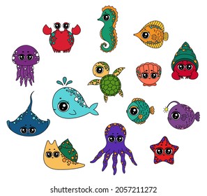 Ocean animal life set. Colorful sea animals collection. Marine theme. Sea story, wind and waves, seashell,whale, fish, corals, stingray, jellyfish, snail, crab, turtle, seahorse. Ocean life clip art.