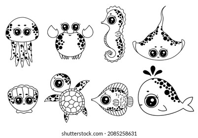Ocean animal life set. Monochrome sea animals collection. Marine theme. Sea story, wind and waves, seashell,whale, fish, corals, stingray, jellyfish, snail, crab, turtle, seahorse. Ocean life clip art