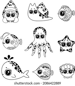 Ocean animal life set. Monochrome sea animals collection. Marine theme. Sea story, wind and waves, seashell,whale, fish, corals, stingray, jellyfish, snail, crab, turtle, seahorse. Ocean life clip art