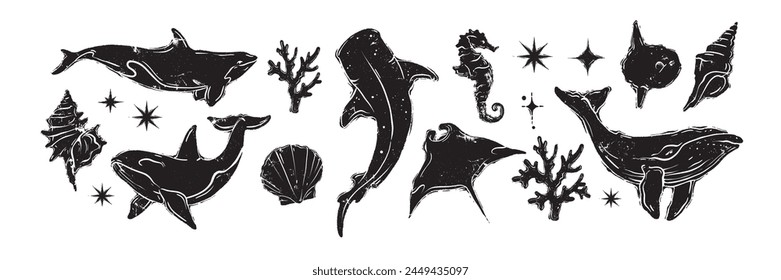 Ocean animal linocut set, vector grunge whale print, wild sea mammal silhouette, woodcut stamp. Summer marine retro collection, hand drawn underwater shark, coral, stingray. Ocean animal illustration