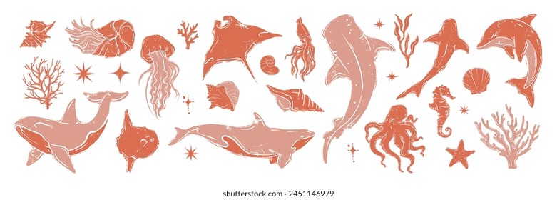 Ocean animal linocut set, vector whale grunge print, woodcut stamp, wild sea mammal silhouette. Summer marine retro collection, hand drawn underwater shark, coral, stingray. Ocean animal illustration