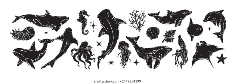 Ocean animal linocut vector set, whale grunge print, woodcut stamp, wild sea mammal silhouette. Summer marine retro collection, hand drawn underwater shark, coral, stingray. Ocean animal illustration