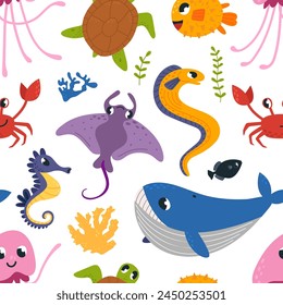 Ocean animal seamless pattern. Sealife adventures characters. Cartoon whale, jellyfish and seahorse. Colorful fabric print, classy cartoon vector background