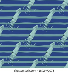 Ocean animal seamless pattern with simple squids ornament. Blue striped background. Perfect for wallpaper, textile, wrapping paper, fabric print. Vector illustration.