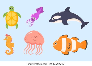 Ocean animal set. Cute vector drawing of crab, jellyfish, octopus and fish. Tropical underwater background with algae, seashell and sea urchin. Colorful marine life for kids’ illustration.

