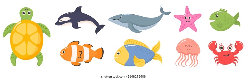 Ocean animal set. Cute vector drawing of crab, jellyfish, octopus and fish. Tropical underwater background with algae, seashell and sea urchin. Colorful marine life for kids’ illustration.

