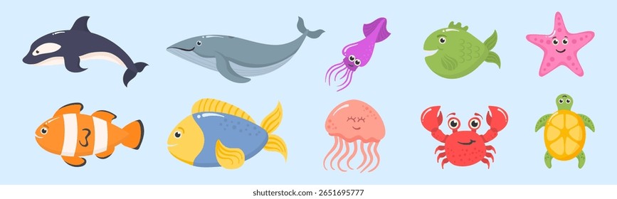 Conjunto de animais oceânicos. Desenho vetorial bonito de caranguejo, águas-vivas, polvo e peixe. Fundo submarino tropical com algas, conchas e ouriços do mar. Ilustração colorida da vida marinha para crianças.

