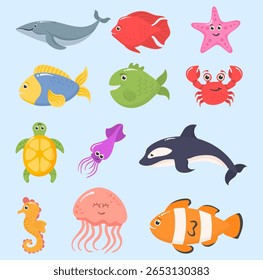 Conjunto de animais oceânicos. Desenho vetorial bonito de caranguejo, águas-vivas, polvo e peixe. Fundo submarino tropical com algas, conchas e ouriços do mar. Ilustração colorida da vida marinha para crianças.

