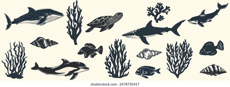 Ocean animal set, vector grunge whale print, wild sea mammal silhouette, woodcut stamp. Summer marine retro collection, hand drawn underwater shark, coral, stingray. Ocean animal illustration 