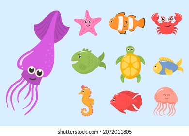 Ocean animals and aquatic plants. Cartoon sea animal isolated on background in cartoon style. Funny tropic underwater creatures, colorful exotic aquarium fish set. Vector illustration, eps 10.