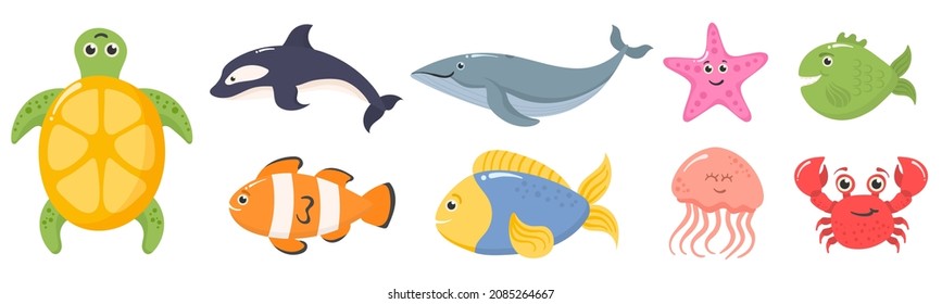 Ocean animals and aquatic plants. Cartoon sea animal isolated on background in cartoon style. Funny tropic underwater creatures, colorful exotic aquarium fish set. Vector illustration, eps 10.