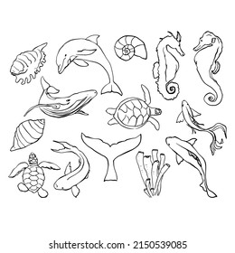 Ocean animals big set. EPS 10. Cute nautical vector illustrations - whale, dolphin, turtles, seahorse, seashells. Can be used for stickers, patterns, prints, sublimations, logotypes.