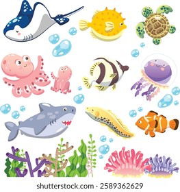 Ocean Animals cartoon elemental white background