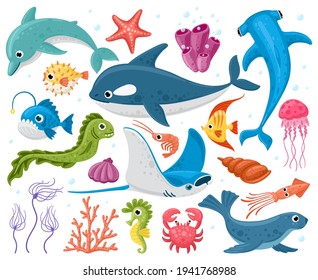 Ocean animals. Cartoon marine wildlife creatures, orca, stingray, crab and dolphin. Cute sea animals characters vector illustration set