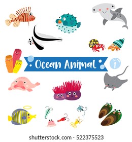 Ocean Animals cartoon on white background. Set 1.