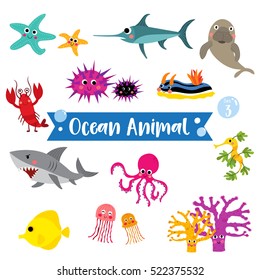 Ocean Animals cartoon on white background. Set 3.