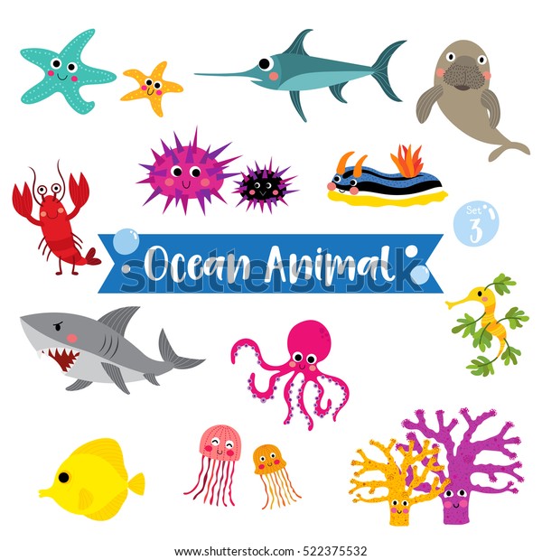 Ocean Animals cartoon on white background. Set 3.
