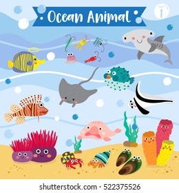 Ocean Animals Cartoon mit Unterwasserhintergrund. Set 1.