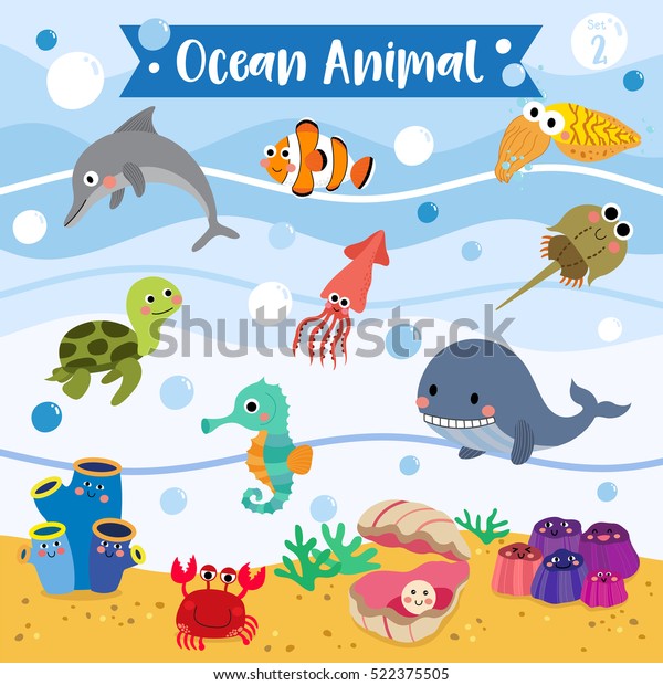 海洋动物卡通与水下背景 设置2 库存矢量图 免版税