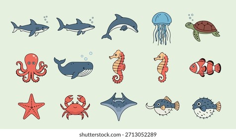 Colección de animales del océano con fondo transparente