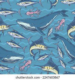 Ocean animals colorful pattern seamless with huge blue whales and marlin fish with squids swimming in sea water vector illustration