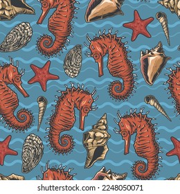 Animales oceánicos coloridos patrón de caballitos de mar sin soldadura y conchas marinas para moluscos flotando en los fondos marinos y viviendo en la naturaleza salvaje ilustración vectorial