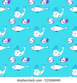 Ocean animals colorful seamless pattern. Funny cartoon characters. Shark, fish, whale. Good for kids prints, room interior, wrapping paper, designs, clothes, fabric. Blue, white, violet colors.