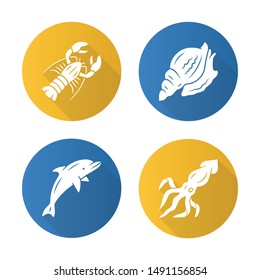 Ocean animals flat design long shadow glyph icons set. Dolphin, squid, lobster, triton. Underwater world inhabitants. Swimming fish. Sea fauna. Seafood restaurant menu. Vector silhouette illustration