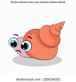 Ocean animals icons cute stylized cartoon sketch