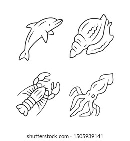 Ocean animals linear icons set. Dolphin, squid, lobster, triton. Underwater inhabitant. Sea fauna. Aquatic creatures. Thin line contour symbols. Isolated vector outline illustrations. Editable stroke