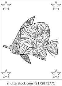Ocean Animals Mandala Coloring Pages.
 Adult antistress coloring page. Black white hand drawn vector doodle of an oceanic animal for coloring book. Fish Mandala. Ocean animals  Zentangle Vector.