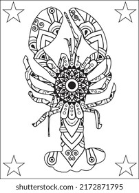 Ocean Animals Mandala Coloring Pages.
 Adult antistress coloring page. Black white hand drawn vector doodle of an oceanic animal for coloring book. Fish Mandala. Ocean animals  Zentangle Vector.