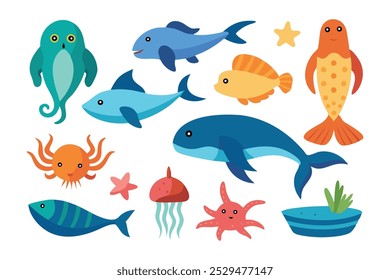 Ocean animals and marine life flat vector illustration set white background