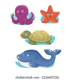 Ocean animals -octopus, starfish, turtle, whale. A set of vector illustrations with underwater characters