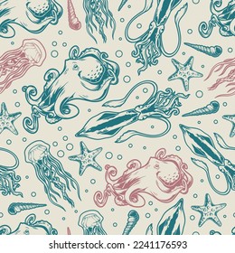 Ocean animals pattern seamless colorful octopus with tentacles and squid with starfish near spiral shells vector illustration