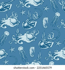 Ocean animals pattern seamless monochrome with jellyfish and octopuses living underwater near tropical islands and seahorses starfishes vector illustration