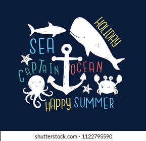 Ocean animals print design with slogan. Vector illustration design for fashion fabrics, textile graphics, prints.