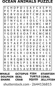 Ocean Animals Puzzle Letter Grid Word Search Game Find Sea Creatures Whale Dolphin Shark Octopus Fish Starfish